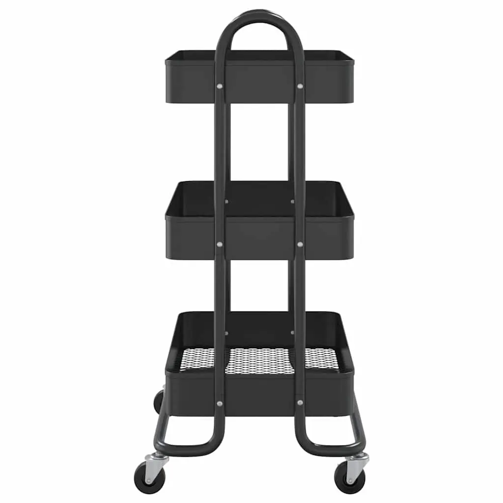 3-Tier Storage Trolley Kitchen Office Organiser Black Steel Mobile Cart
