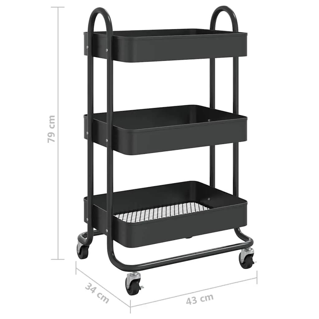 3-Tier Storage Trolley Kitchen Office Organiser Black Steel Mobile Cart
