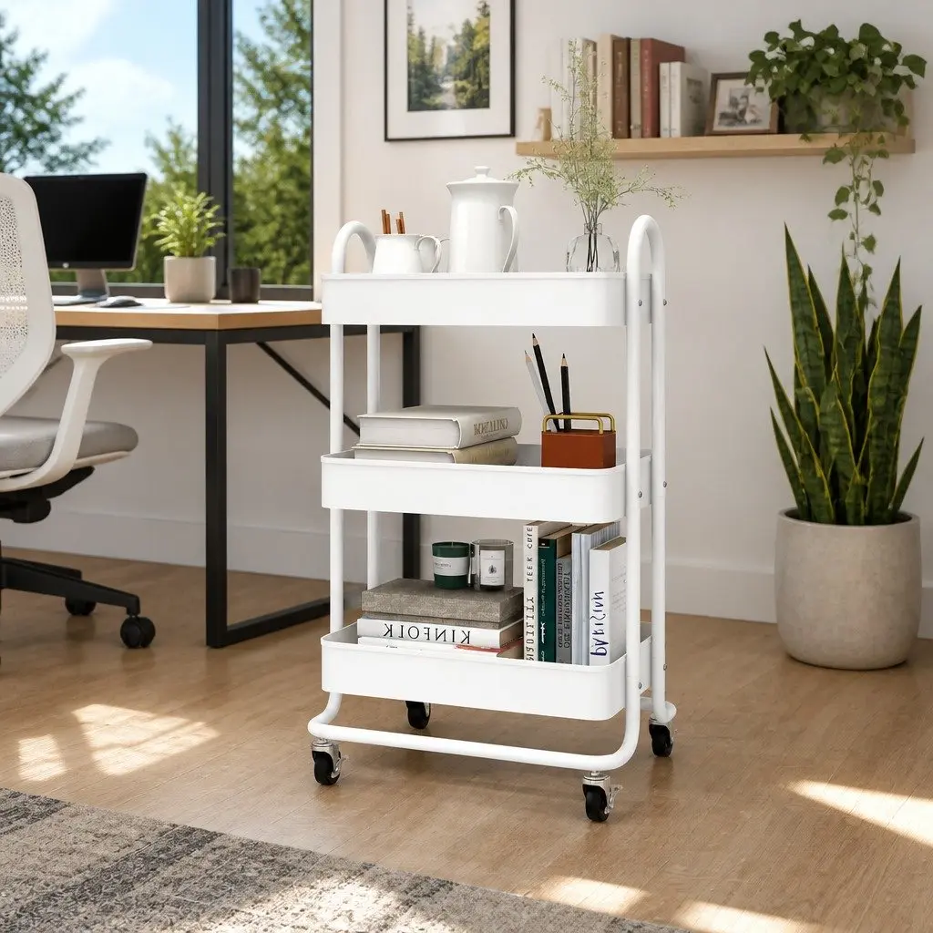 White Steel 3 Tier Trolley Mobile Cart Kitchen Office Organiser with Wheels 43x34x79cm