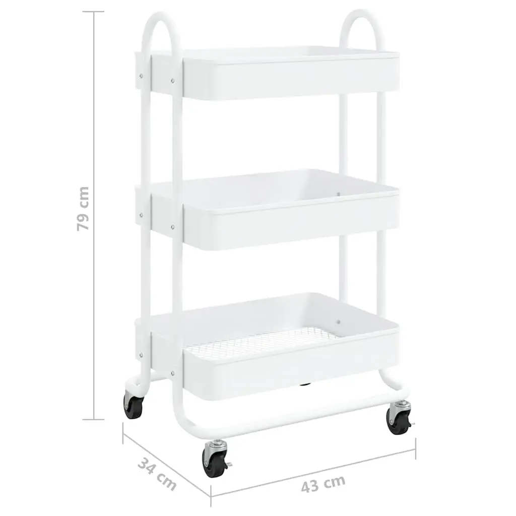 White Steel 3 Tier Trolley Mobile Cart Kitchen Office Organiser with Wheels 43x34x79cm
