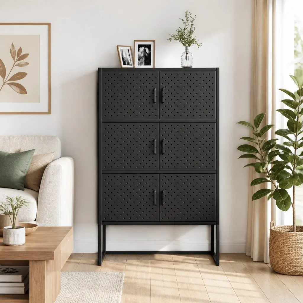 Storage Highboard Cabinet Black 6 Door Shelving Unit Cupboard Display Locker