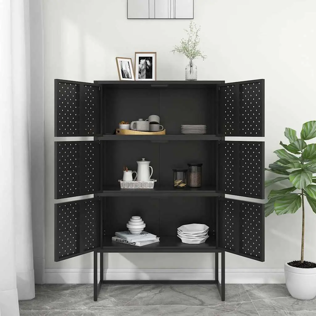 Storage Highboard Cabinet Black 6 Door Shelving Unit Cupboard Display Locker