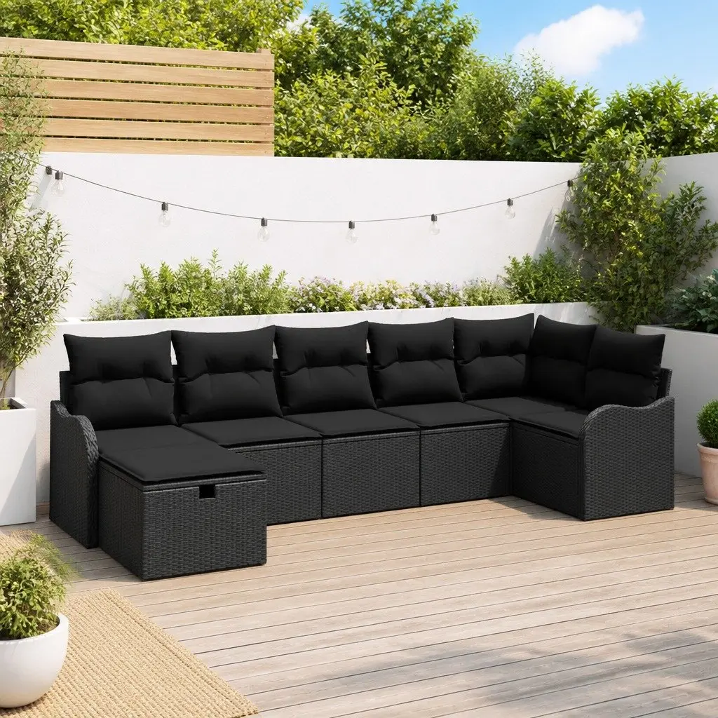 Outdoor Sofa Set 7 Pieces Black Poly Rattan Garden Seating with Storage Cushions