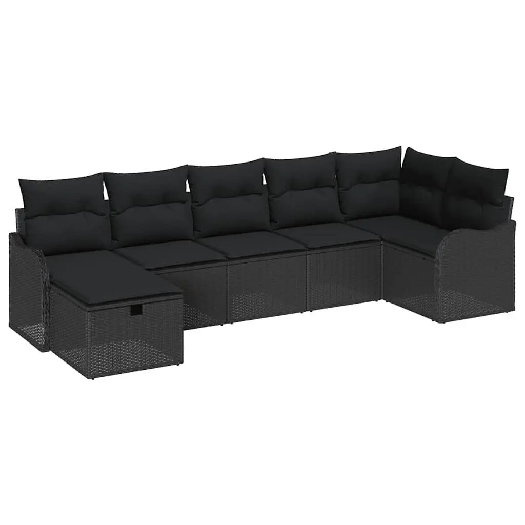 Outdoor Sofa Set 7 Pieces Black Poly Rattan Garden Seating with Storage Cushions
