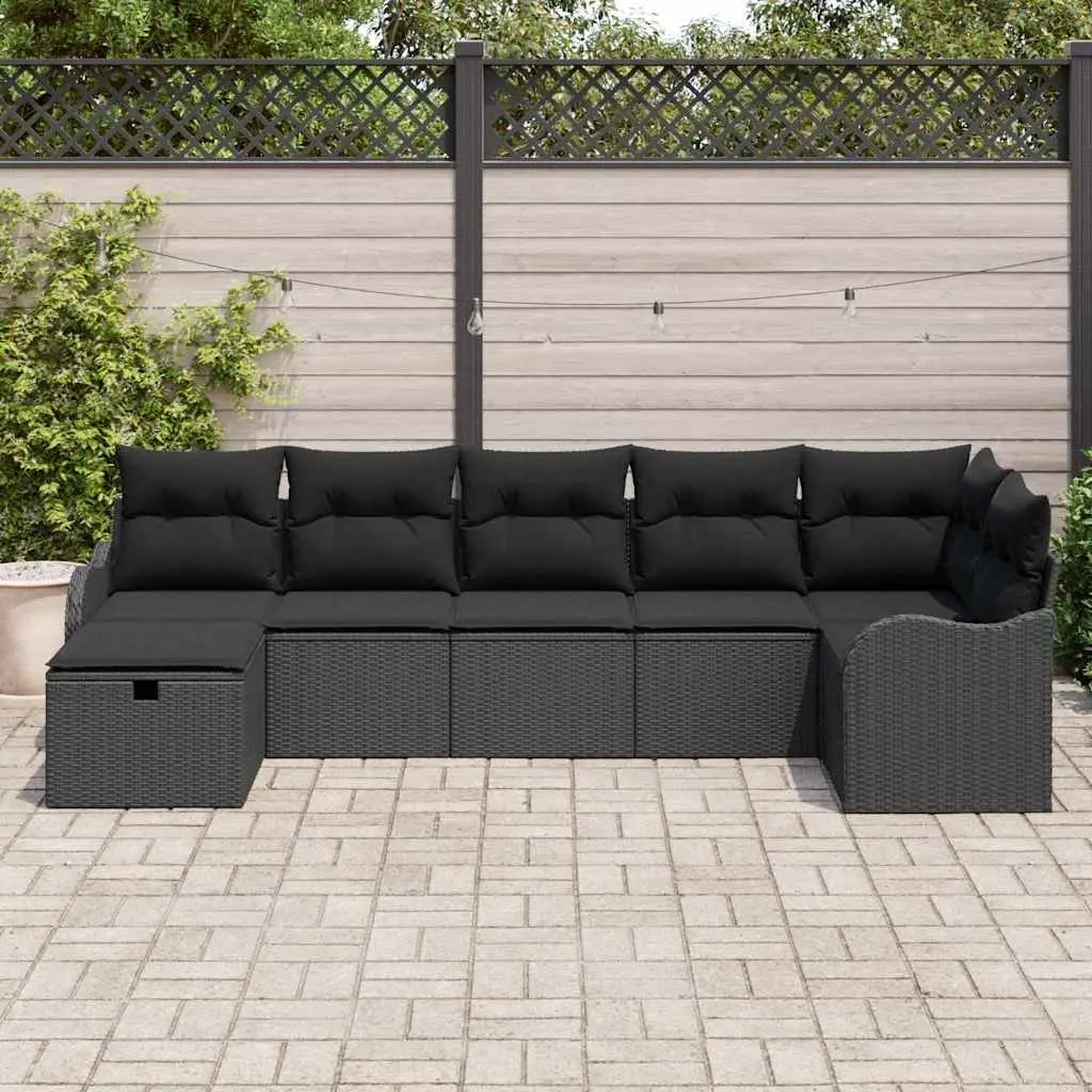 Outdoor Sofa Set 7 Pieces Black Poly Rattan Garden Seating with Storage Cushions