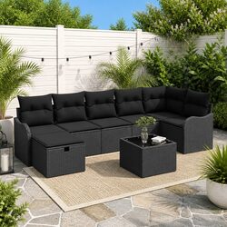 Outdoor Sofa Set 8 Piece Black Poly Rattan Garden Furniture with Storage