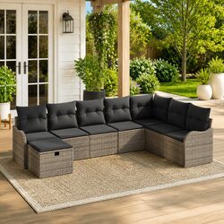 Outdoor Sofa Set 8 Pieces Grey Poly Rattan Garden Seating with Storage Cushions