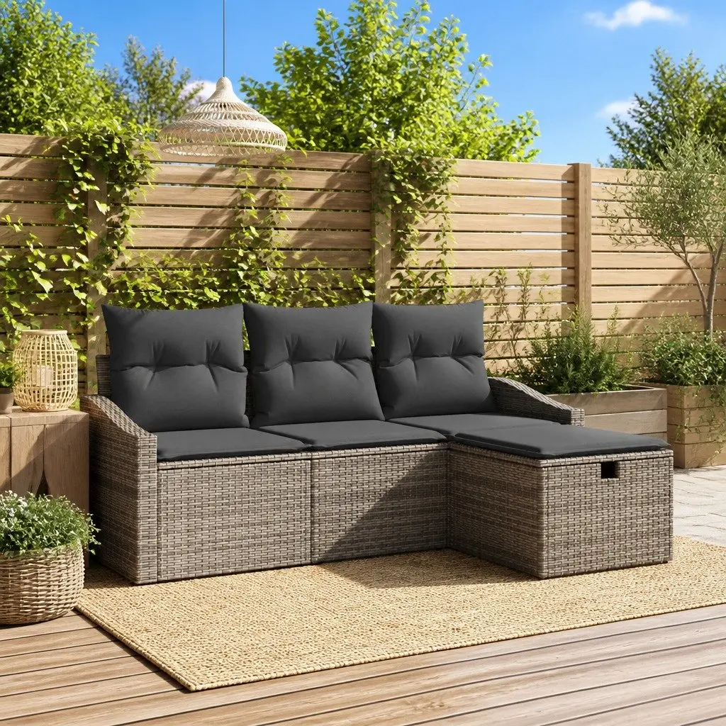 Outdoor Sofa Set for Garden 4 Piece Grey Poly Rattan with Storage