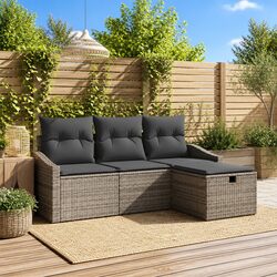 Outdoor Sofa Set 4 pcs Grey Poly Rattan Garden Furniture with Storage Cushion