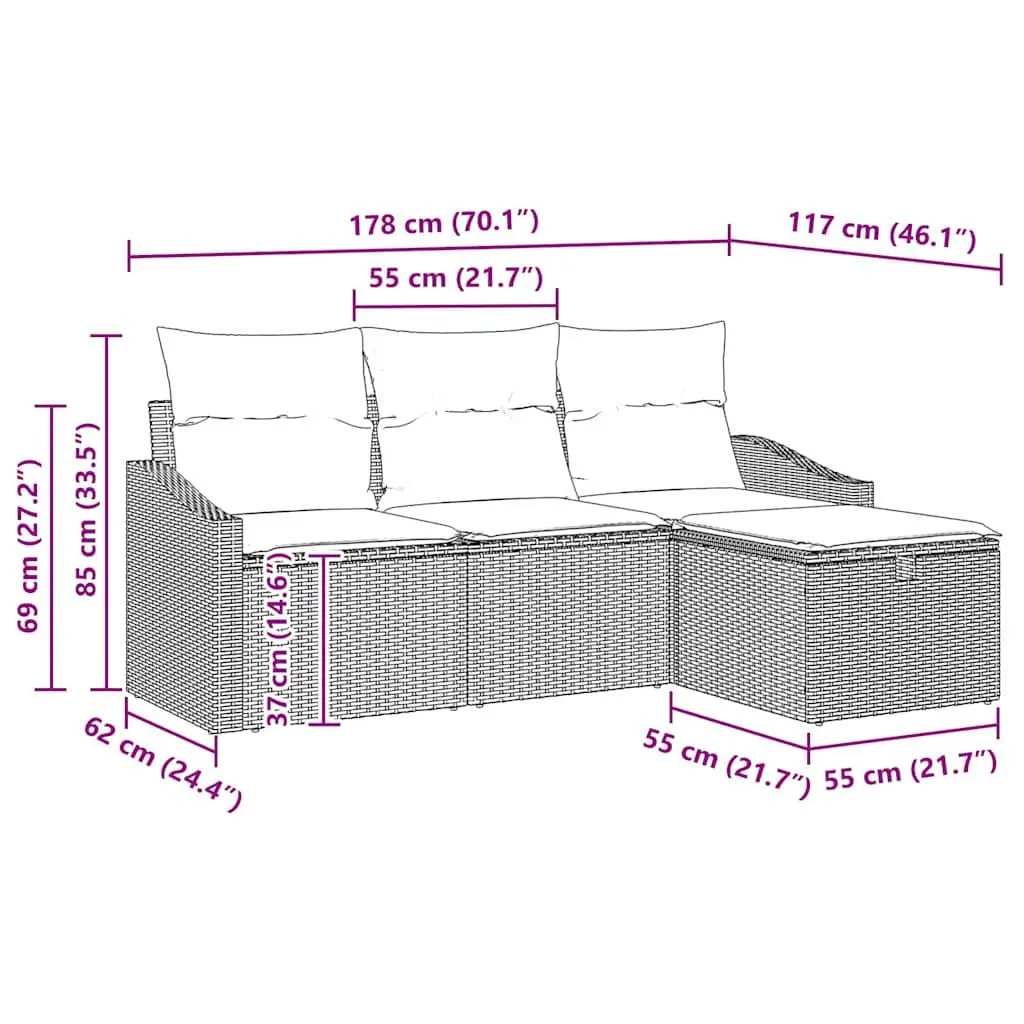 Outdoor Sofa Set for Garden 4 Piece Grey Poly Rattan with Storage