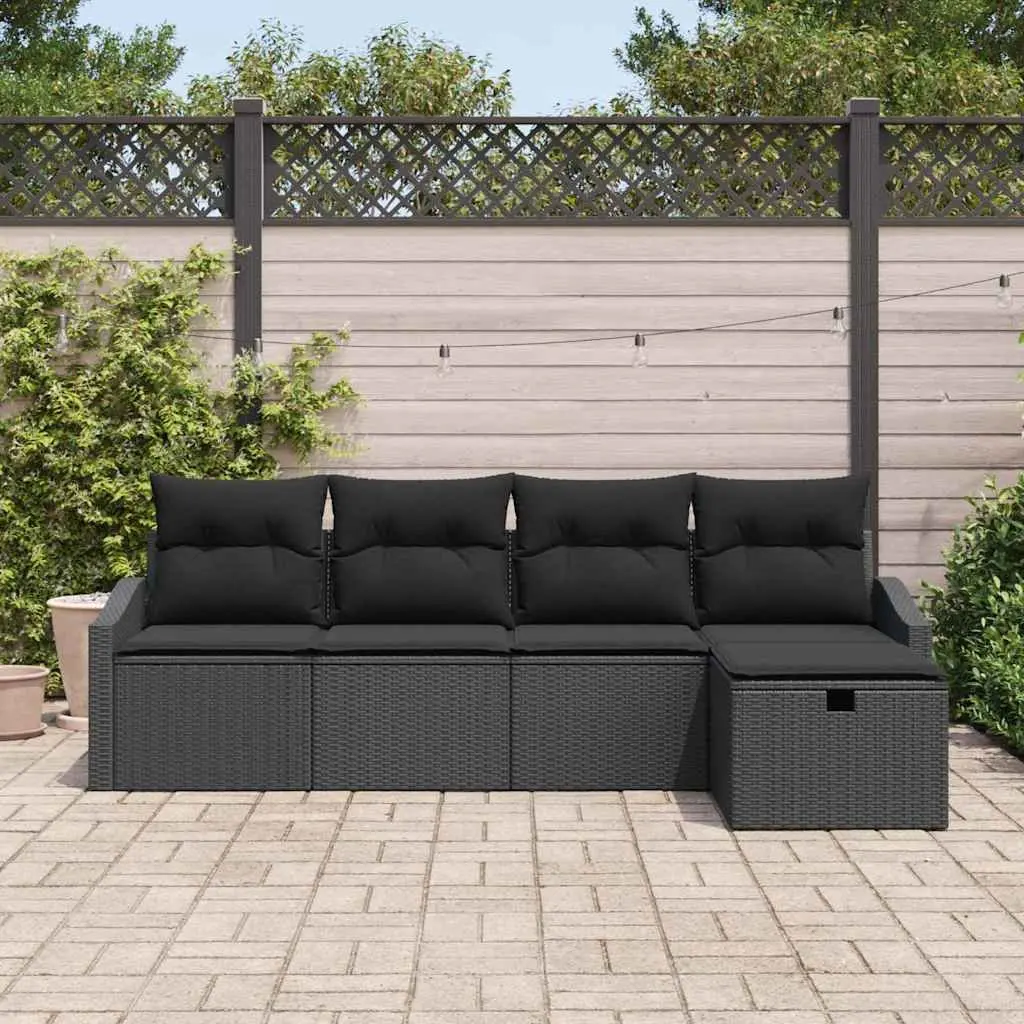 5 Piece Black Modular Outdoor Sofa Set for Garden with Storage Cushions