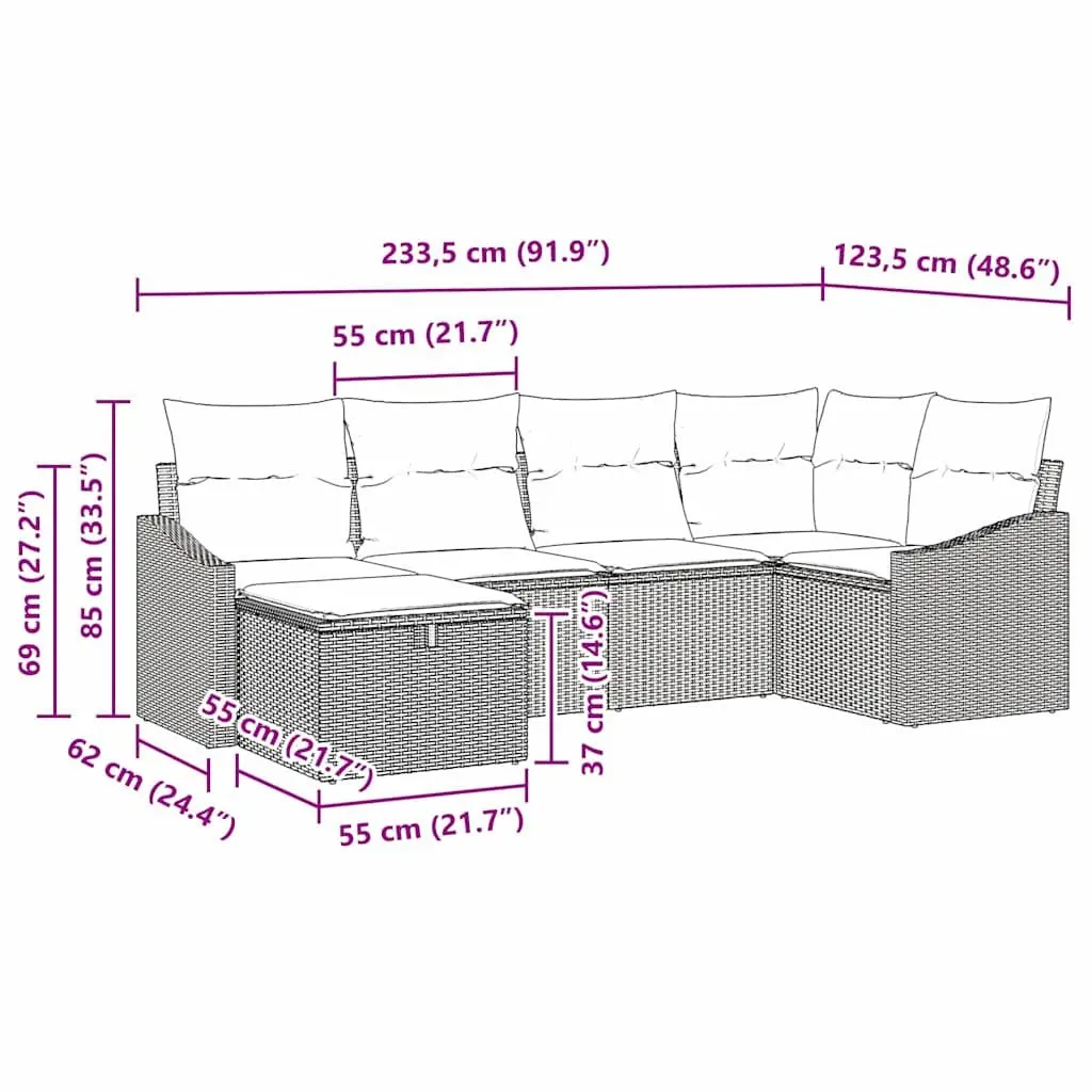 Modular Outdoor Garden Sofa Set 6 Pieces Black Poly Rattan Patio Furniture