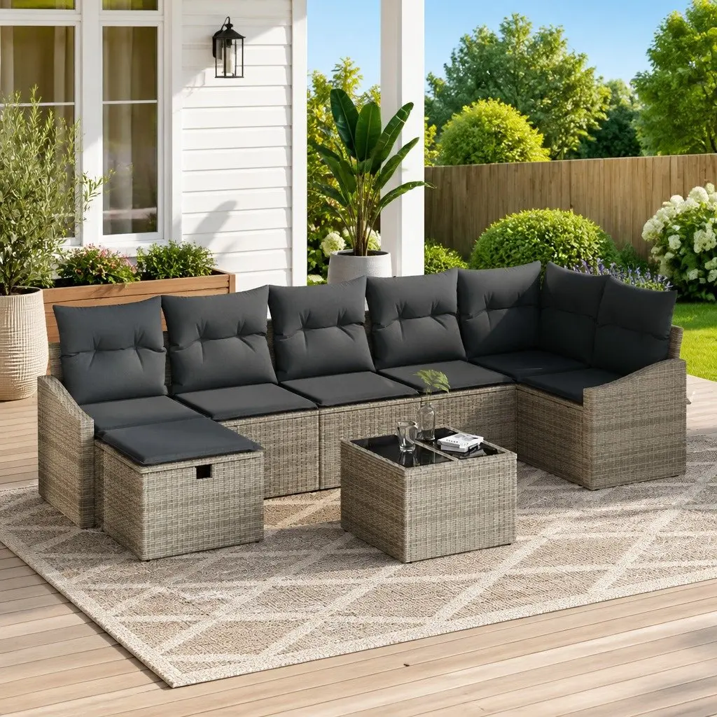 Grey Poly Rattan Outdoor Sofa Set Modular Garden Patio Cushioned Storage