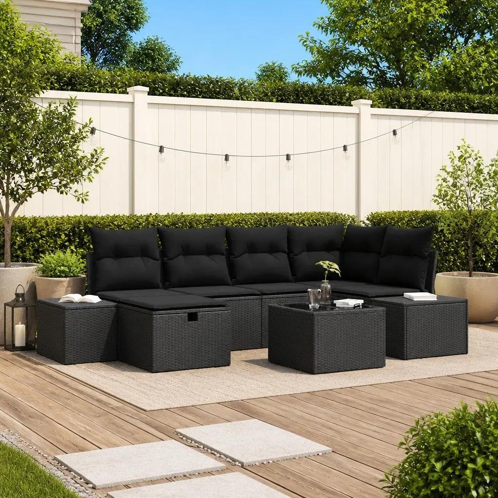 Modular Outdoor Furniture Set 7 Piece Black Poly Rattan Garden Sofa with Cushions for Backyard Patio or Terrace