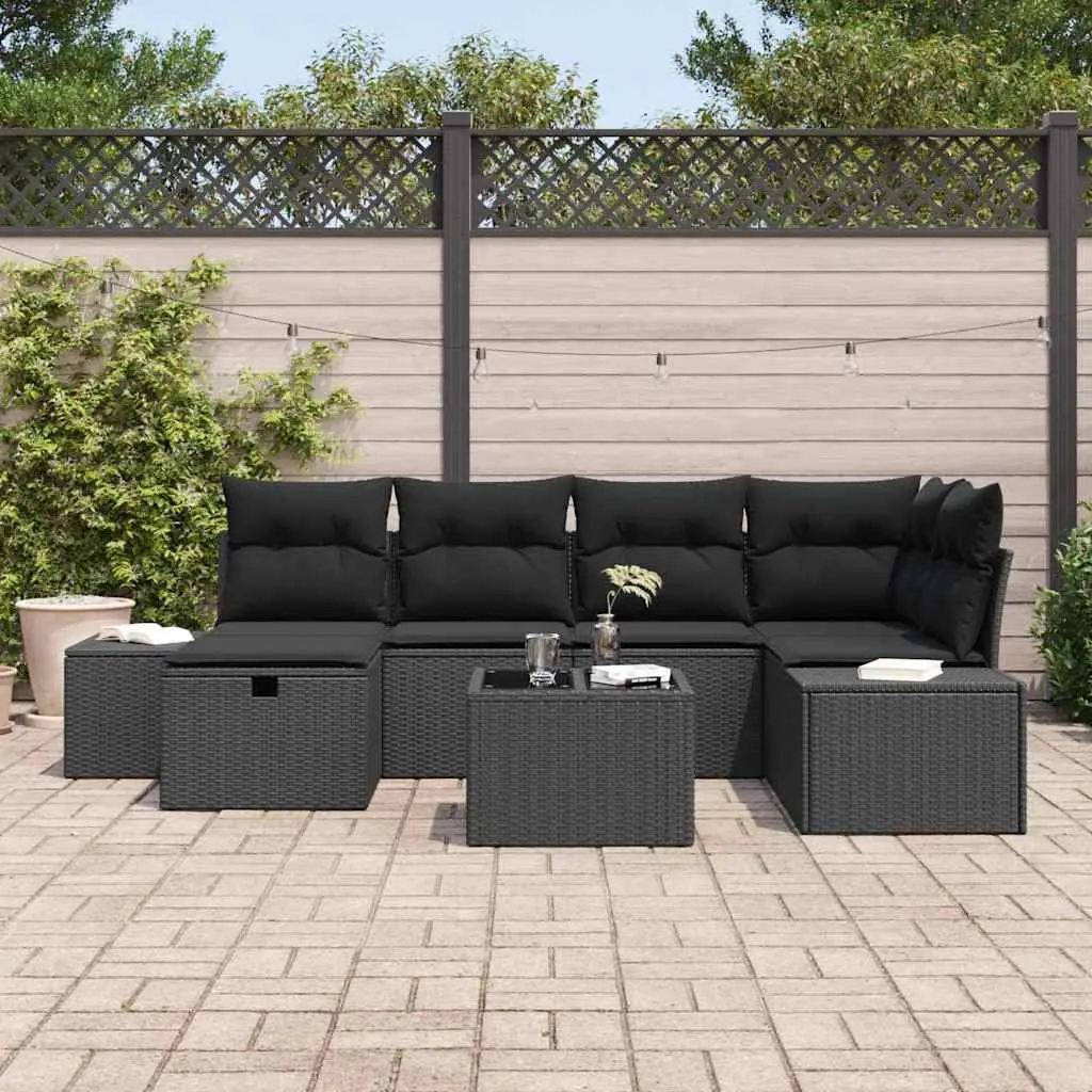 Modular Outdoor Furniture Set 7 Piece Black Poly Rattan Garden Sofa with Cushions for Backyard Patio or Terrace