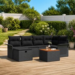 7 Piece Garden Sofa Set - Black Poly Rattan