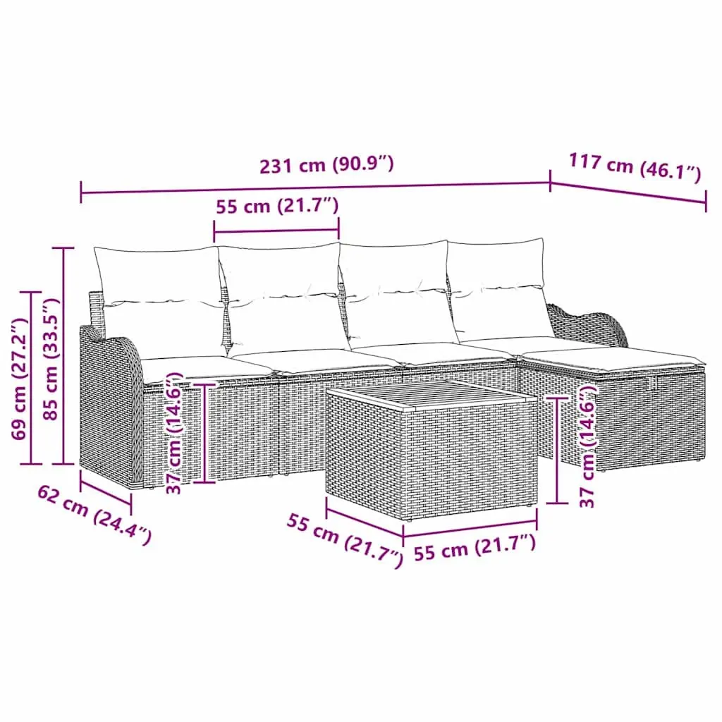 Garden Sofa Set 6 Piece Modular Outdoor Furniture Grey Poly Rattan Seating