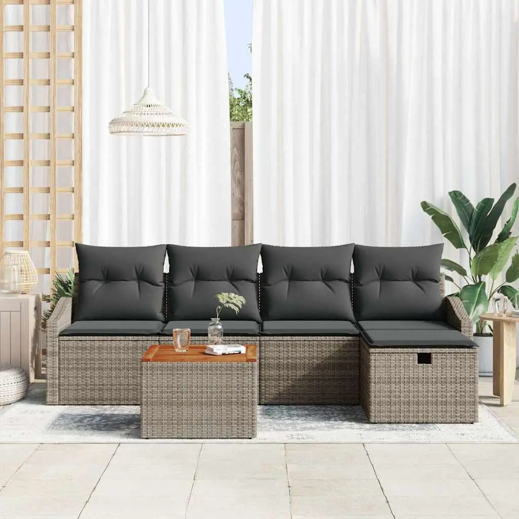 Outdoor Furniture 6 Piece Grey Poly Rattan Garden Sofa Set for Patio and Garden with Cushions and Storage