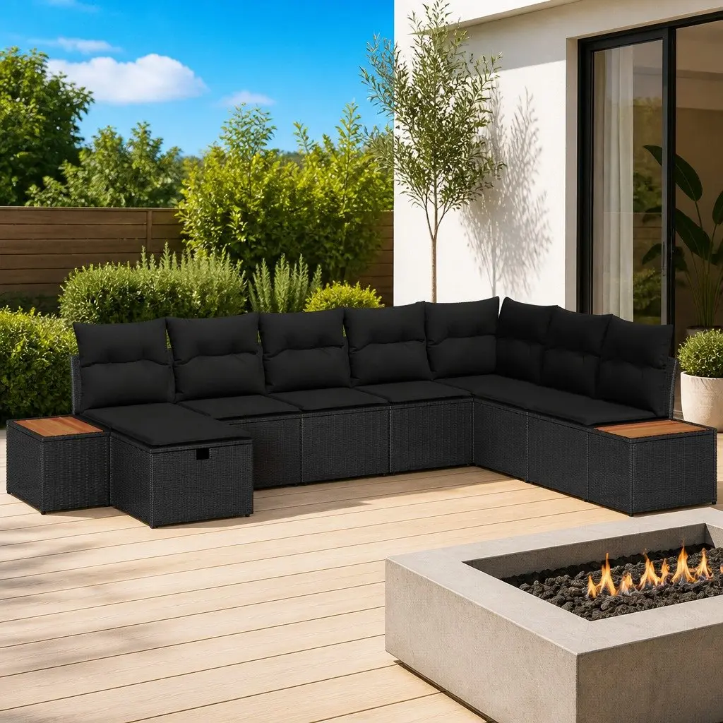 Modular Garden Sofa Set Outdoor Furniture 8 Pieces Black Poly Rattan Patio