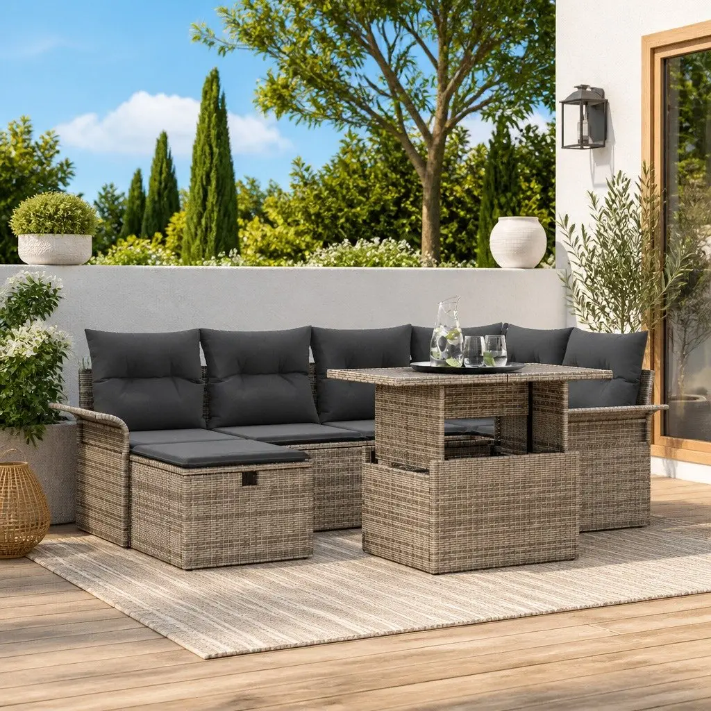 Garden Sofa Set 7 Piece Outdoor Patio Furniture Grey Poly Rattan with Cushions