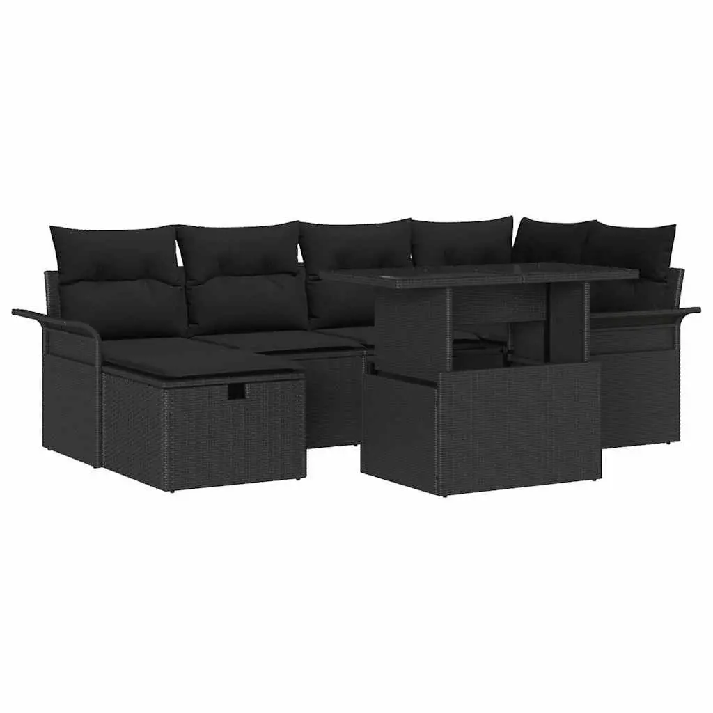 7 Piece Outdoor Sofa Set Black Poly Rattan with Cushions for Patio Garden and Terrace