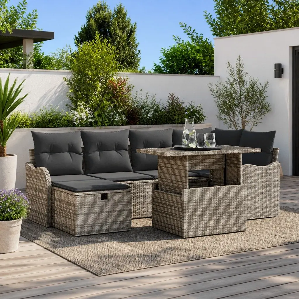 Garden Sofa Set 7 Piece Outdoor Furniture Modular Grey Poly Rattan with Cushions