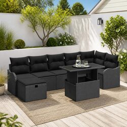 Outdoor Sofa Set: 8-Piece Black Poly Rattan Configuration