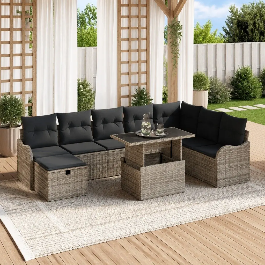 Modular Garden Sofa Set for Outdoor Use 9 Piece Grey Rattan Sectional with Cushions
