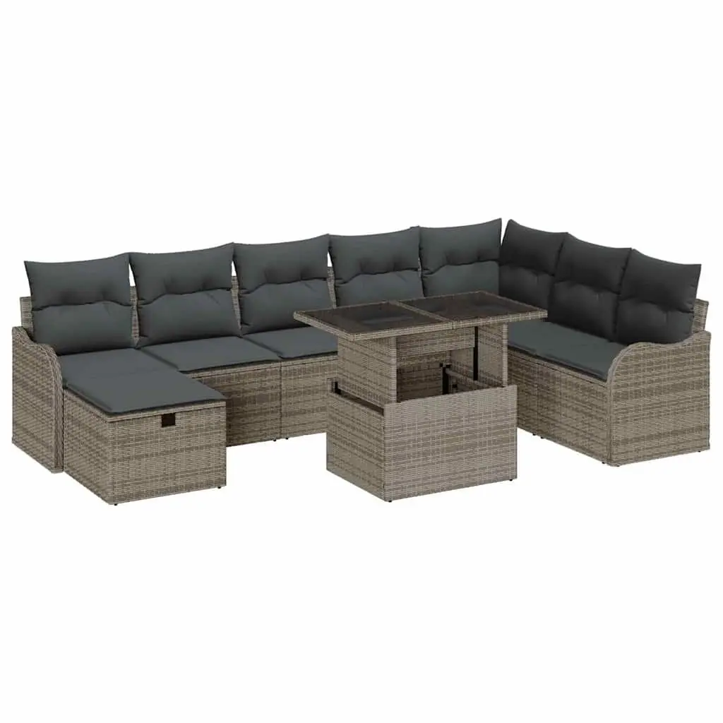 Modular Garden Sofa Set for Outdoor Use 9 Piece Grey Rattan Sectional with Cushions