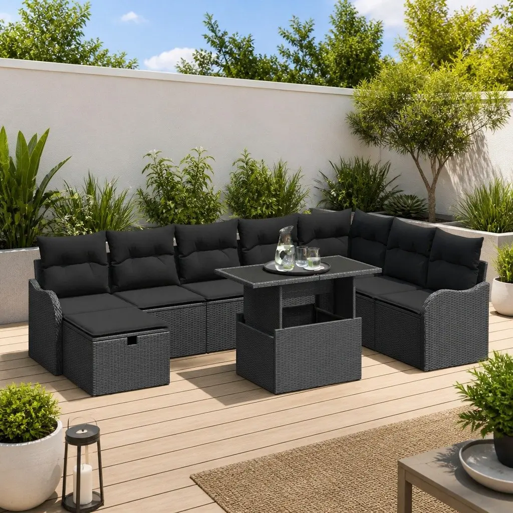 Modular Outdoor Sofa Set 9 Pieces Black Woven Poly Rattan with Cushions and Adjustable Glass Top Table