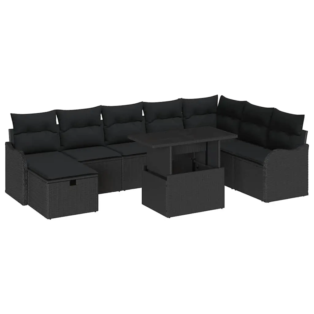 Modular Outdoor Sofa Set 9 Pieces Black Woven Poly Rattan with Cushions and Adjustable Glass Top Table