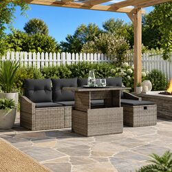 Modular Garden Sofa Set: 6 Pieces, Light Grey Poly Rattan