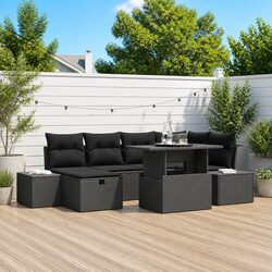 7-Piece Modular Garden Sofa Set with Cushion Footstool Table Black Outdoor