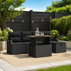 Outdoor Garden Sofa Set 6 Pcs Black Poly Rattan Modular Furniture with Cushions