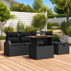 Outdoor Sofa Set 6 pcs: Black Poly Rattan & Acacia Wood