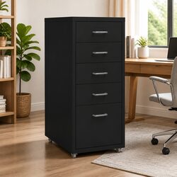 Mobile Filing Cabinet 5 Drawer Black Metal Storage Office Organizer with Wheels