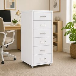 Mobile Filing Cabinet Specifications: 6 Drawers, Metal, White