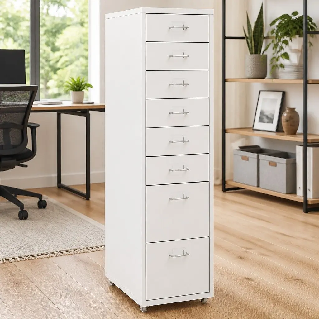 8 Drawer Metal Mobile Filing Cabinet Office Storage Grey with Wheels