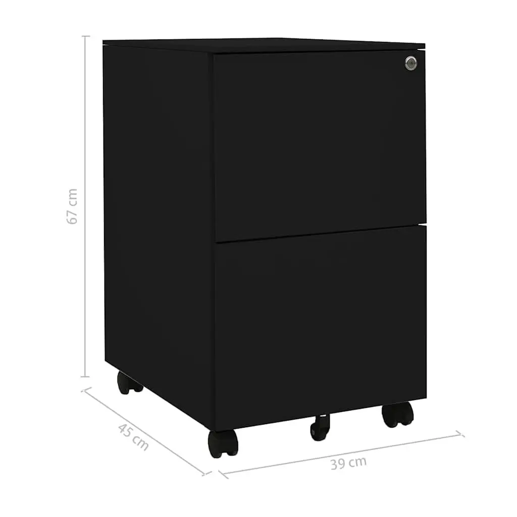 Mobile File Cabinet Office Filing Storage 2 Drawer Black Steel 39W x 45D x 67H cm