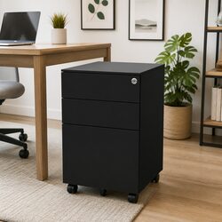 Mobile File Cabinet Specifications: 3 Drawers, Steel, Black