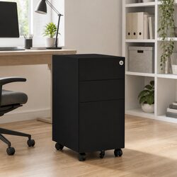 Mobile File Cabinet Black Steel 3 Drawer Office Filing Storage with Lock Wheels