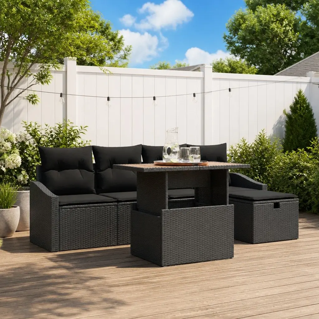 Outdoor Garden Sofa Set 6 Piece Black Poly Rattan Patio Furniture