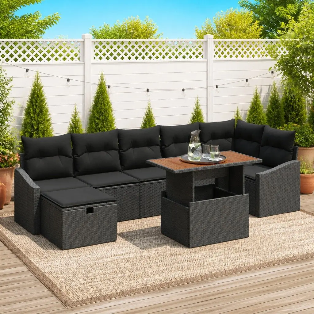 Black Poly Rattan Garden Sofa Set 8 Piece Outdoor Furniture for Patio and Garden