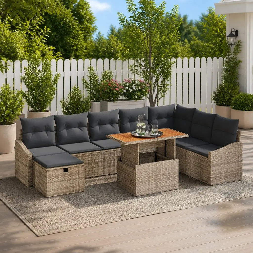 Garden Sofa Set Modular Outdoor Furniture 9 Pieces Grey Poly Rattan