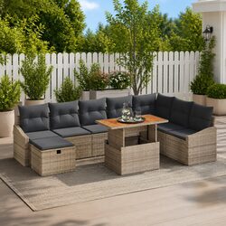 Garden Sofa Set: 9 Pieces, Grey Poly Rattan, Acacia Wood
