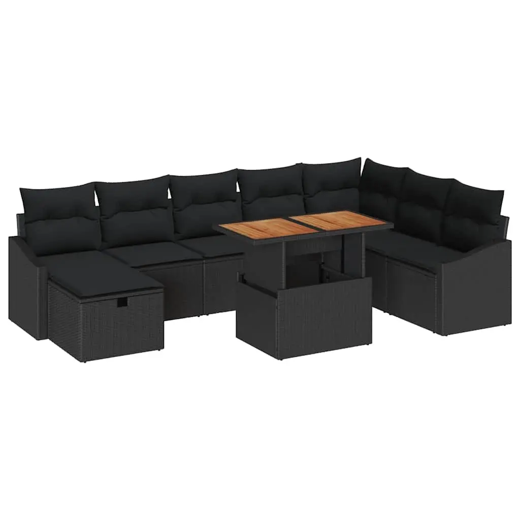 Modular Outdoor Sofa Set for Garden 9 Pieces Black Poly Rattan with Adjustable Height Table