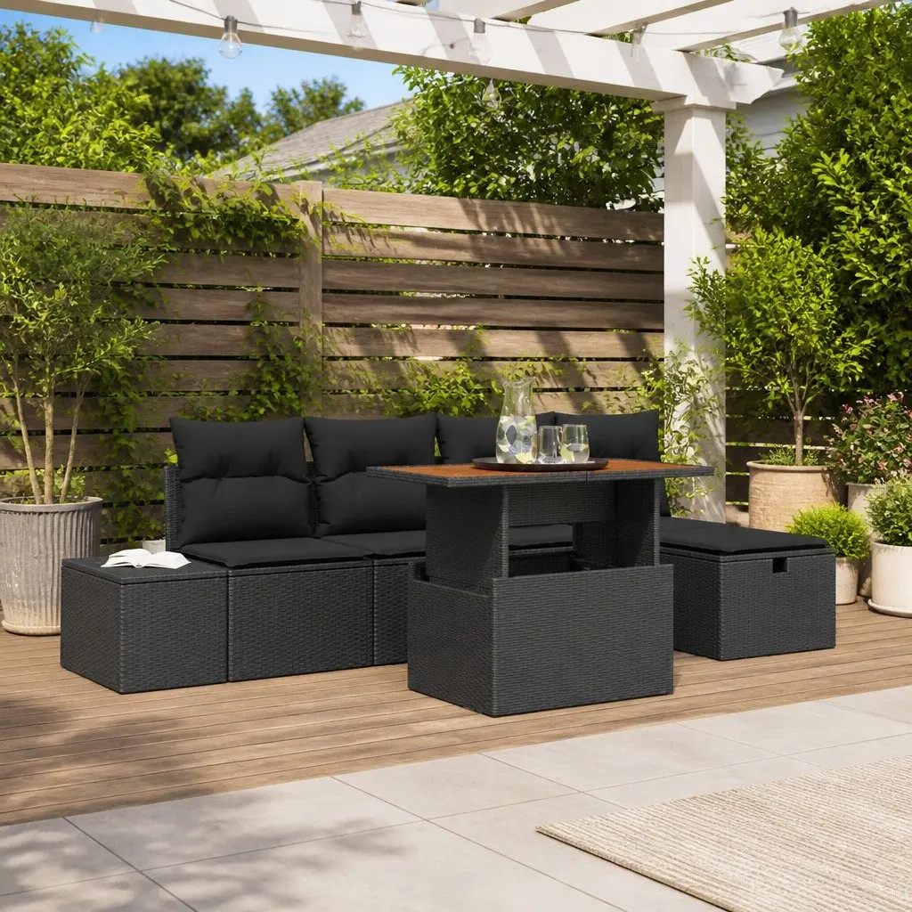 6-Piece Black Poly Rattan Sofa Set