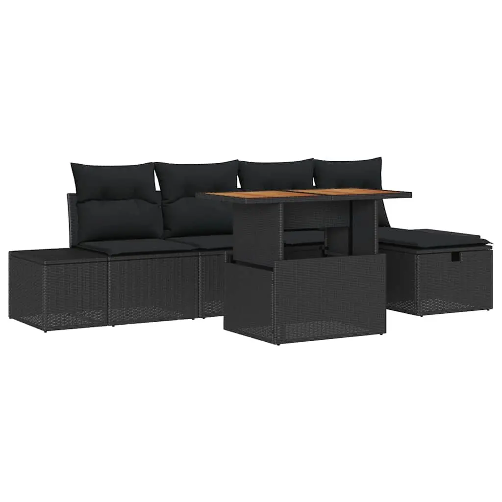 6-Piece Black Poly Rattan Sofa Set
