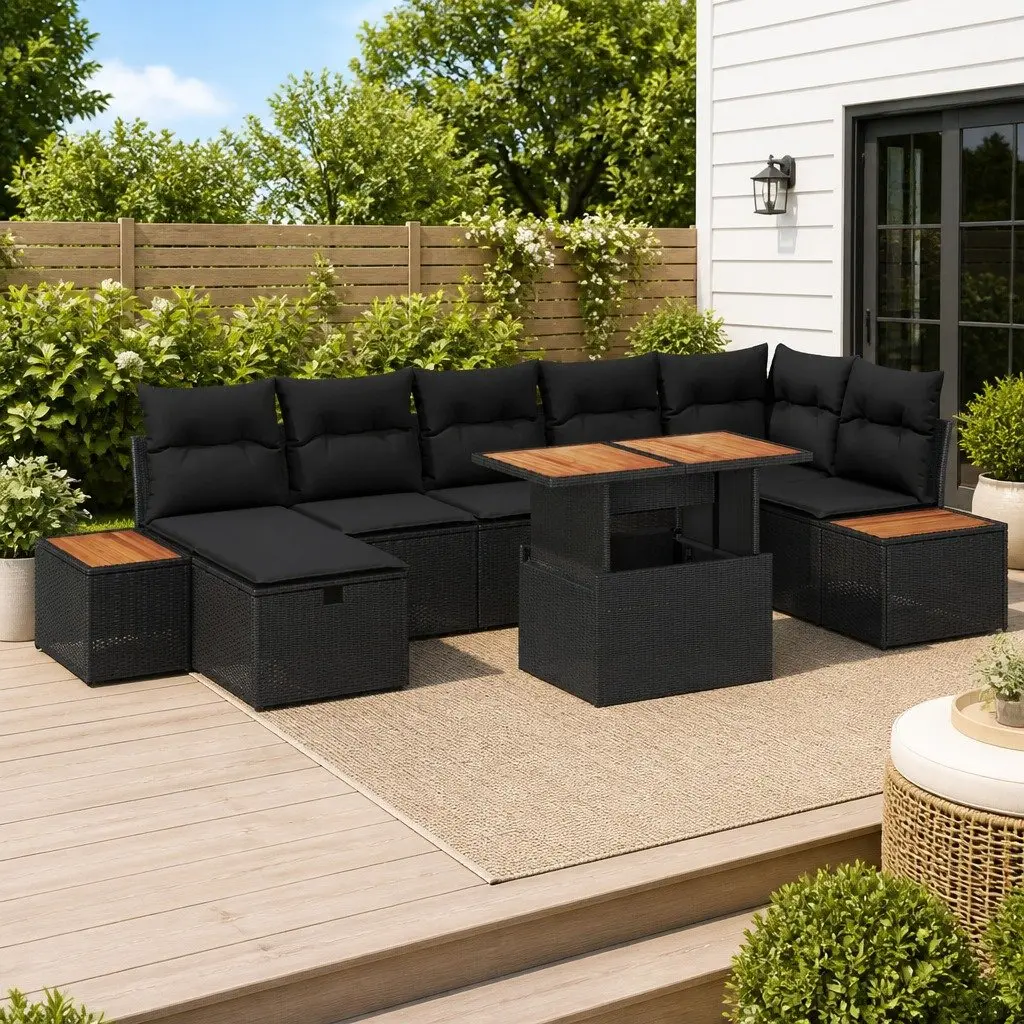 Garden Sofa Set 8 Pieces Black Poly Rattan Modular Outdoor Furniture for Patio and Garden