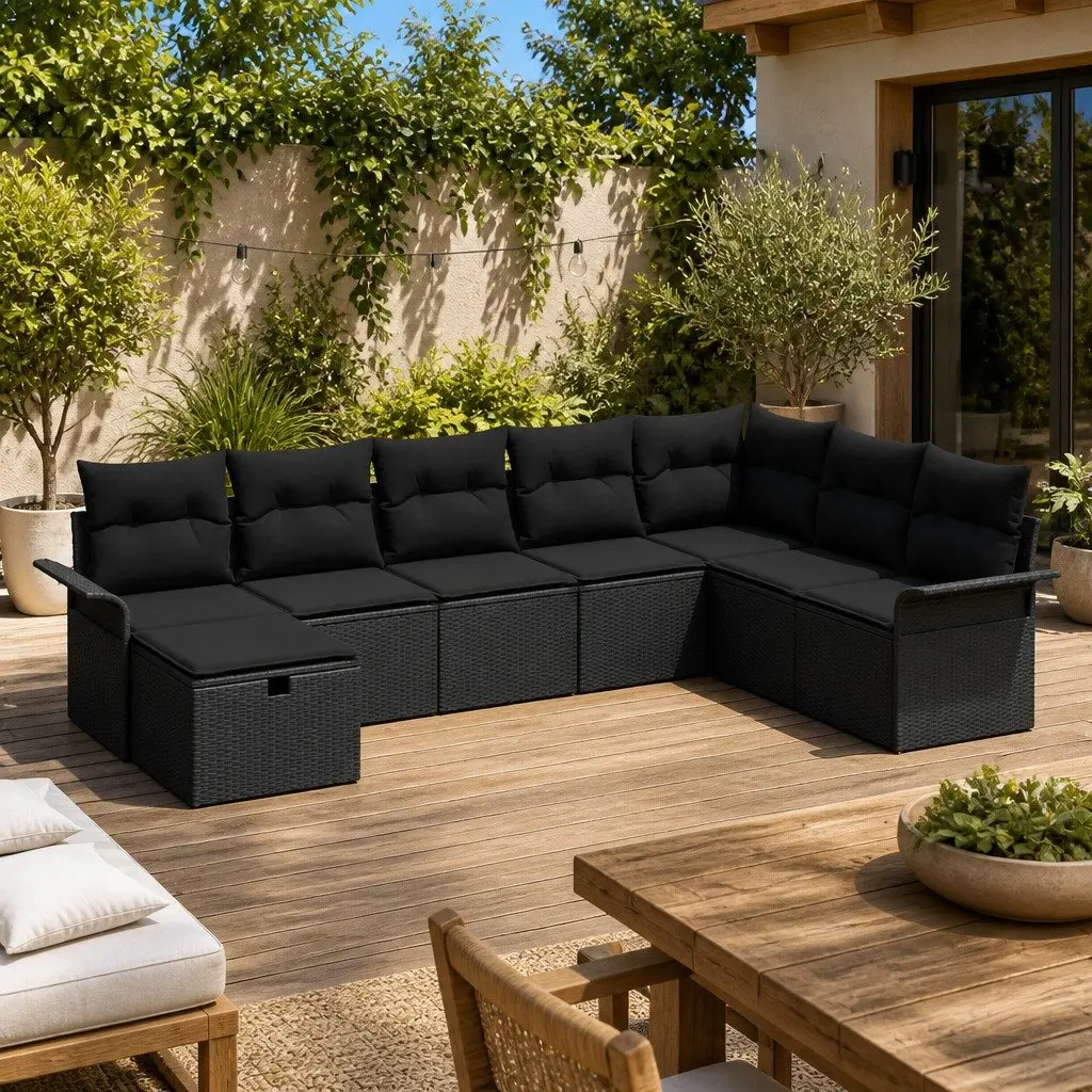 Modular Garden Sofa Set Outdoor Seating 8 Piece Black Poly Rattan with Cushions